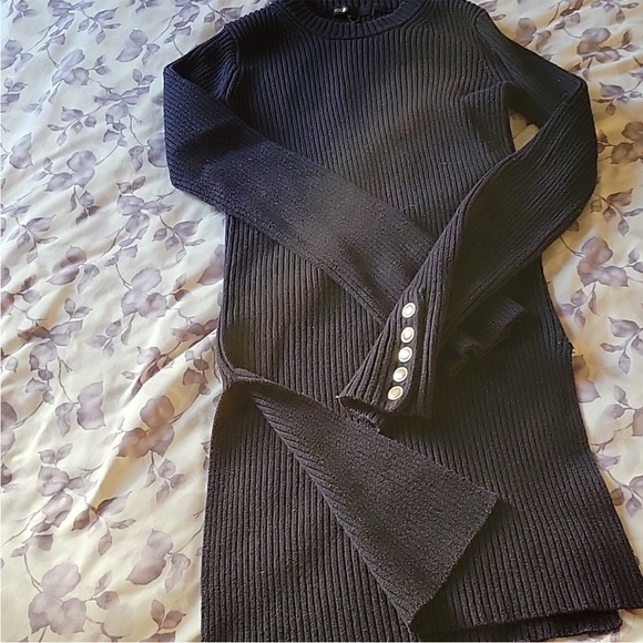 MAJE PARIS NAVY RIBBED TUNIC SWEATER WITH GOLD BUTTONS SIZE 3 LARGE - Picture 2 of 4